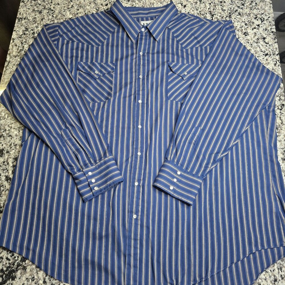 Ely Cattleman Pearl Snap Shirt Mens 4XLT Tall Blue Striped Western Cowboy
